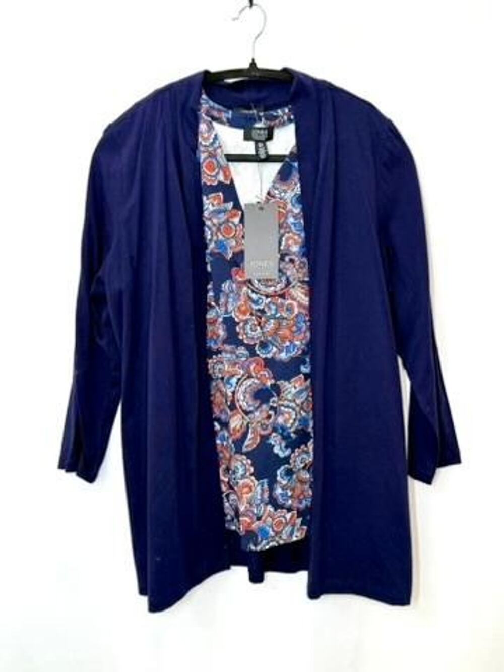 Jones New York Signature 2 Piece Knit Set Cardigan Paisley Tank Top Navy Blue